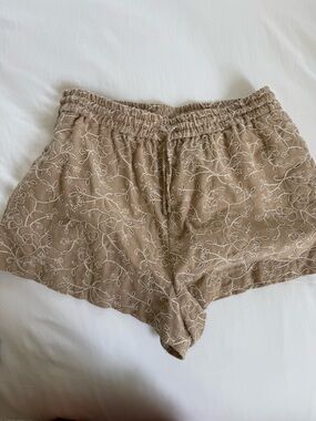 Beige Floral Embroidered Shorts